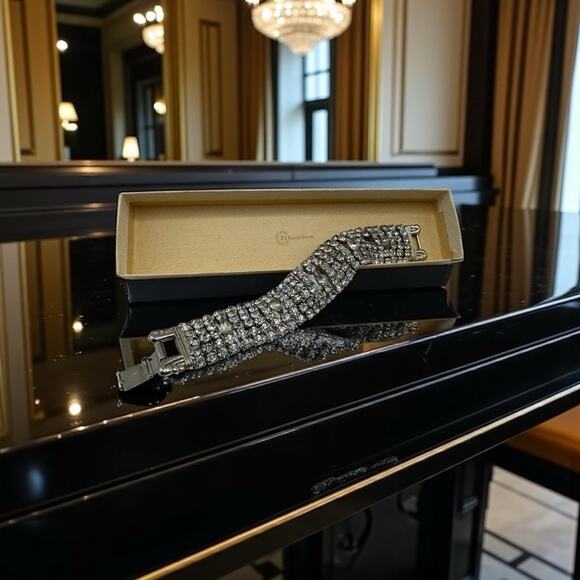 Rhodes Vintage Wide Rhinestone Bracelet 1950s Bride Era Chunky Hollywood Regency - Picture 1 of 16